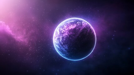 A purple and blue planet is floating in space