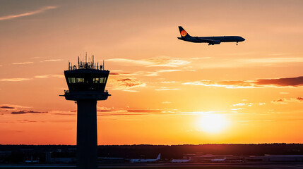 Fototapeta premium Silhouette of an airplane flying over the control tower at sunset