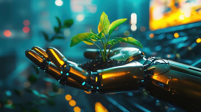 A futuristic elegant robot gold hand holding an ancient seedling, illuminated by soft LED neon lights against the backdrop of advanced technology and green plants