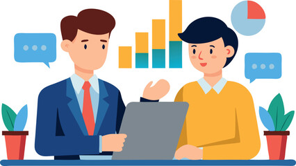 Obraz premium Two men are sitting at a table with a laptop in front of them. One man is wearing a suit and tie, while the other is wearing a yellow shirt. They are looking at the laptop screen