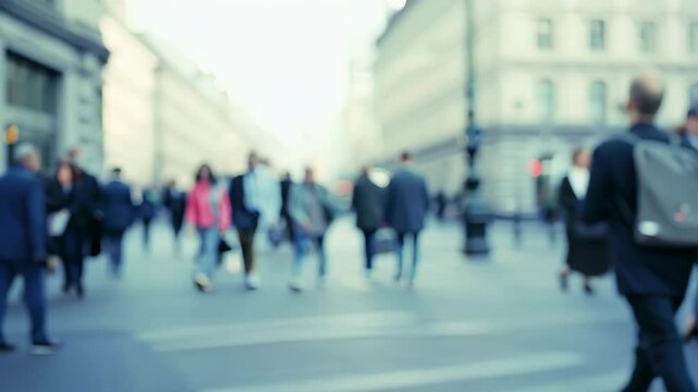 Busy city street with blurred motion capturing people walking, emphasizing urban energy and movement

