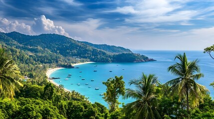 Fototapeta premium A panoramic view of a tropical beach with crystal clear water and lush green vegetation.