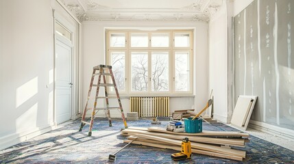 Home or Office Construction Project: Empty Room with Painting Equipment, Brushes, and Colors for Wall Renovation – Process of Reconstruction and Improvement in Residential or Commercial Spaces