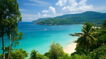 Obraz premium A breathtaking view of a tropical beach with turquoise water, white sand, lush green trees, and a small boat in the distance.