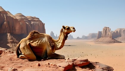 Camel in serene desert landscape with striking red rock formations and clear blue sky highlighting the tranquility of arid wilderness