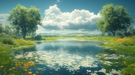 Serene Lake Landscape with Lush Greenery