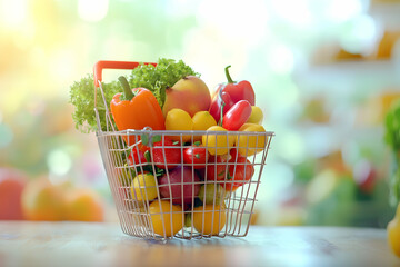 Shopping basket with fresh food. Grocery supermarket, food and eats online buying and delivery concept.   