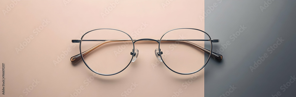 Wall mural silver and golden metal color eye glasses isolated on beige and gray background, ideal photo templat