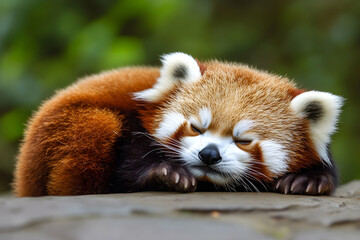 Sleeping Red Panda. Funny cute animal image.   