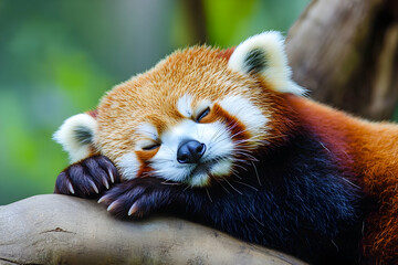 Sleeping Red Panda. Funny cute animal image.   