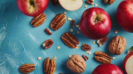 Red apples with oatmeal integral biscuits and pecan nuts on blue background