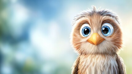 Obraz premium A cartoon owl with blue eyes is staring at the camera