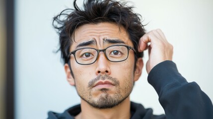 Obraz premium A man with glasses and a beard is looking up at the camera