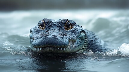 Obraz premium Close-up of an alligator with its head partially submerged in water, looking directly at the camera.