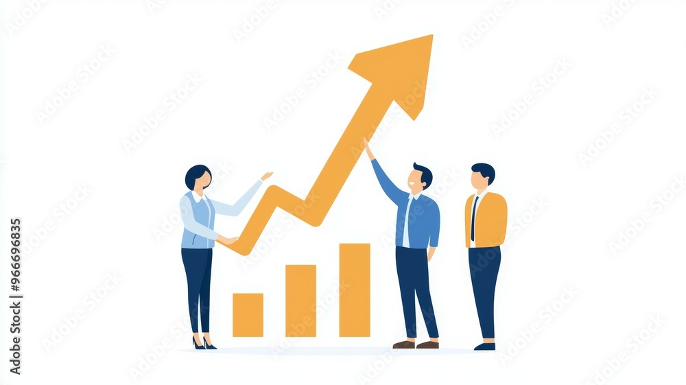 Aufkleber a group of people are standing in front of a graph with a large upward arrow