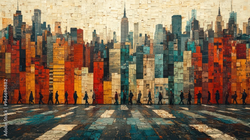 Wall mural Mosaic Cityscape with Silhouettes of People Walking