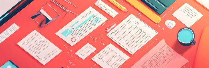 Web design concept banner. User experience designer desk with numerous website wireframe sketches and sitemap. Top view   