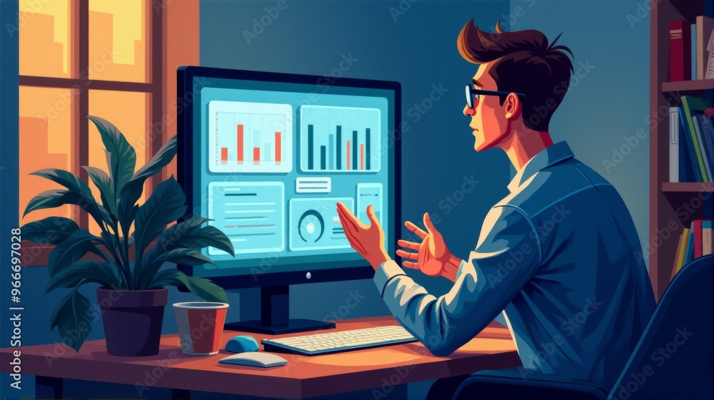 Poster a man is sitting at a desk with a computer monitor in front of him