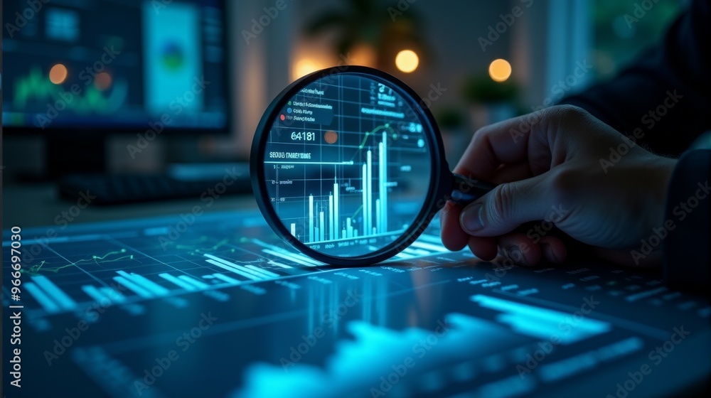 Poster a person is holding a magnifying glass over a computer screen with graphs