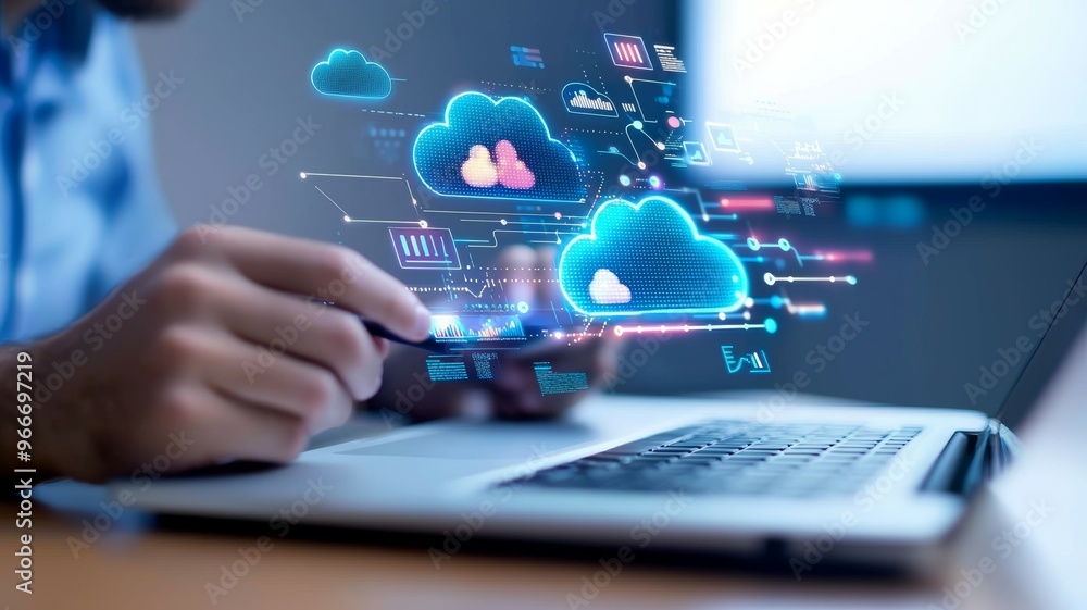 Poster a man is using a laptop with a cloud drawing on the screen