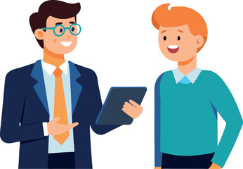Obraz premium A man in a suit is talking to a young man in a blue shirt
