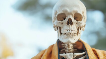 A skeleton is wearing an orange robe and is looking at the camera