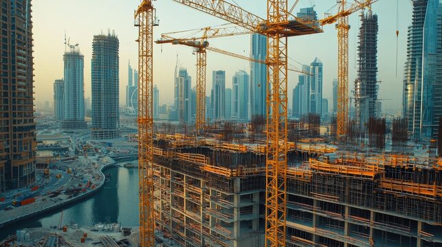 Towering Cityscape with Cranes Shaping the Urban Landscape of Modern Metropolis