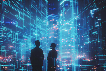 Fototapeta premium Futuristic holographic Interface in industry engineering technician worker connecting link computer technology. Architecture innovation analyzing planning building city.