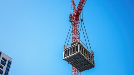 Fototapeta premium Towering Red Construction Crane Against Blue Sky in Urban Cityscape Landscape
