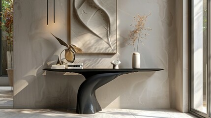 Balanced and Aesthetically Pleasing Interior: Modern Console Table with Artistic Decor Elements – Boho Home Decor Style