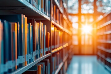 Obraz premium Library shelves bathed in warm sunlight.