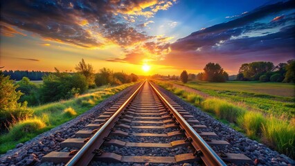 Obraz premium Serene railway tracks leading into a sunset-lit landscape