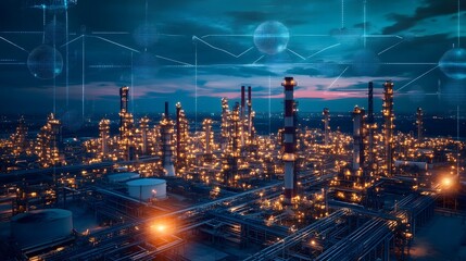 A city skyline with a large industrial area with many buildings and a large oil refinery. The sky is dark and the buildings are lit up with neon lights. Scene is industrial and urban