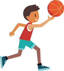 A boy is playing basketball and is about to shoot the ball. He is wearing a red shirt and blue shorts