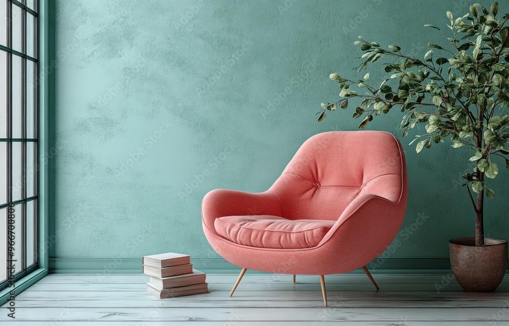 Canvas Prints Cozy Living Room with Pink Armchair and Green Wall