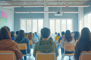 Fototapeta premium Diverse people group having class listening to lecture by experienced teacher sharing knowledge and guidance with classroom interior with sunlight from window.