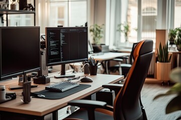 Modern office workspace with computers and plants.