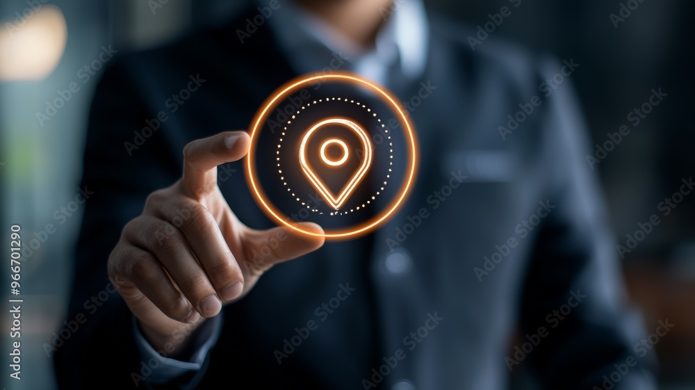 Poster a man is holding a glowing image of a map with a pin on it
