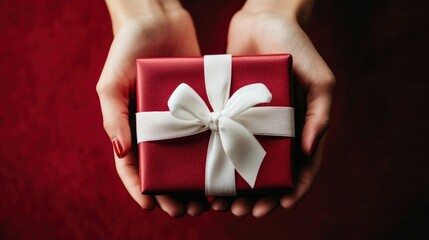 Red Gift Box with White Ribbon Held in Hands