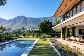 Fototapeta premium Front yard and garden of an elegant modern house at St. Monitor Mountain, Cape Town