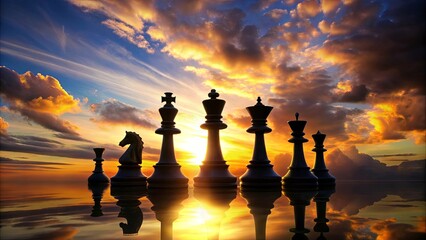 Silhouette of chess rooks against a beautiful gradient sunset sky