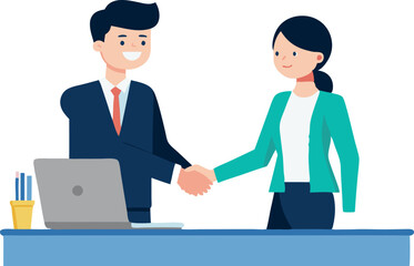 Obraz premium A man and a woman shaking hands in front of a laptop. The man is wearing a suit and tie, and the woman is wearing a green jacket. The laptop is open on the desk