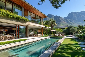 Front yard and garden of an elegant modern house at St. Monitor Mountain, Cape Town