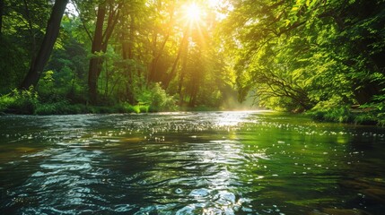 Obraz premium A calm river flowing through a dense forest, with sunlight filtering through the leaves and creating dappled light on the water