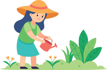 A girl is watering plants in a garden. She is wearing a green shirt and a blue skirt