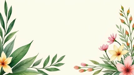 Naklejka premium A white background with a green leaf on the left and a pink flower on the right