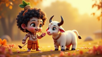 Fototapeta premium A cartoon of a boy and a cow