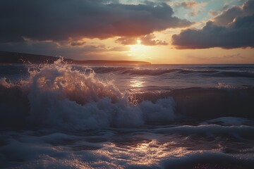 Fototapeta premium Sunset Over the Ocean with Breaking Waves
