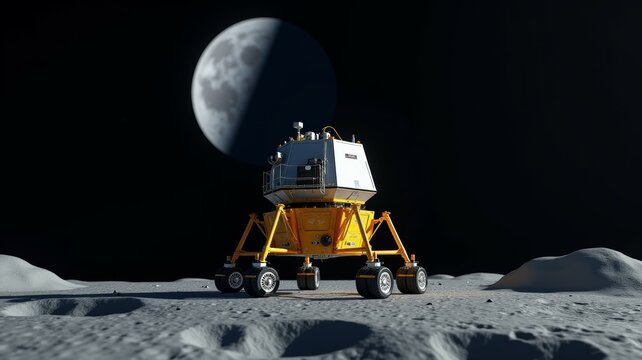 A yellow space shuttle is on a moon-like surface