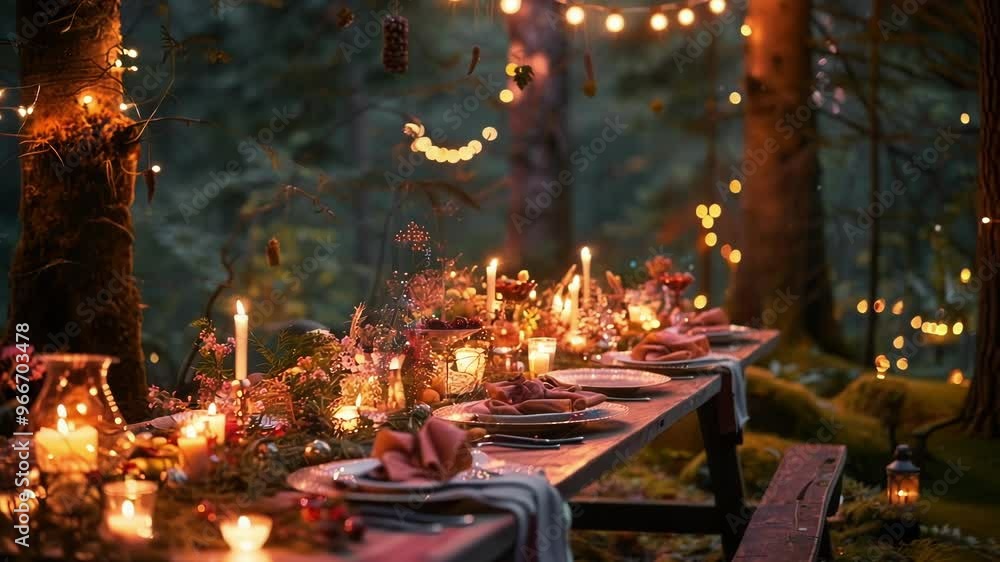Poster rustic wooden table is illuminated by string lights and candles, creating a magical ambiance for a r